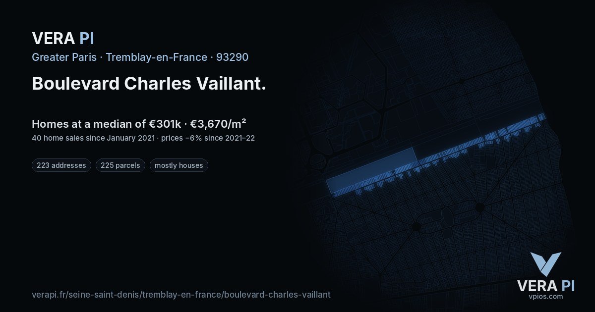 Boulevard Charles Vaillant, Tremblay-en-France at night – every parcel coloured by the prices around it, the street's own parcels lit