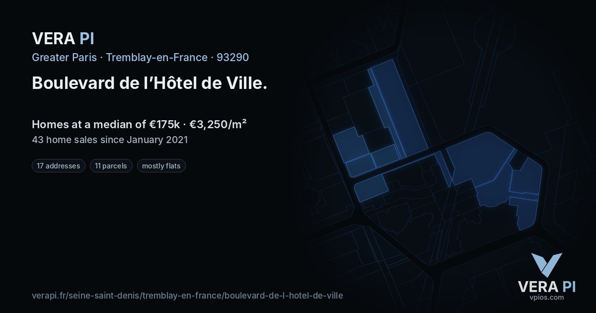 Boulevard de l’Hôtel de Ville, Tremblay-en-France at night – every parcel coloured by the prices around it, the street's own parcels lit