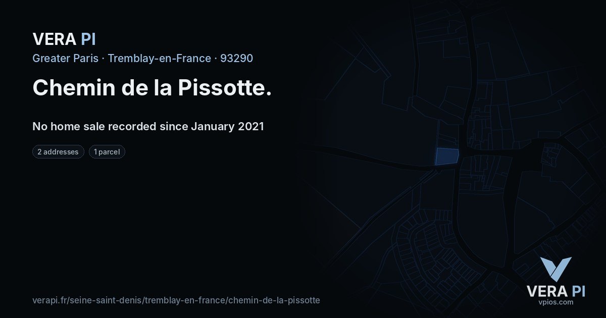 Chemin de la Pissotte, Tremblay-en-France at night – every parcel coloured by the prices around it, the street's own parcels lit