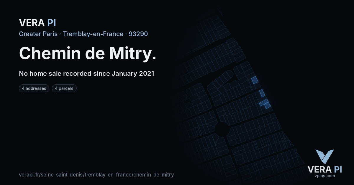 Chemin de Mitry, Tremblay-en-France at night – every parcel coloured by the prices around it, the street's own parcels lit
