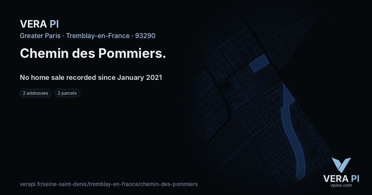 Chemin des Pommiers, Tremblay-en-France at night – every parcel coloured by the prices around it, the street's own parcels lit