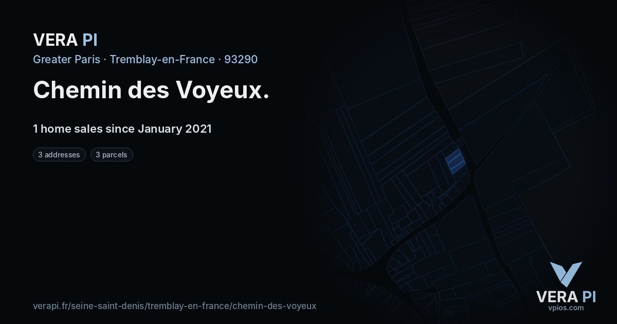 Chemin des Voyeux, Tremblay-en-France at night – every parcel coloured by the prices around it, the street's own parcels lit