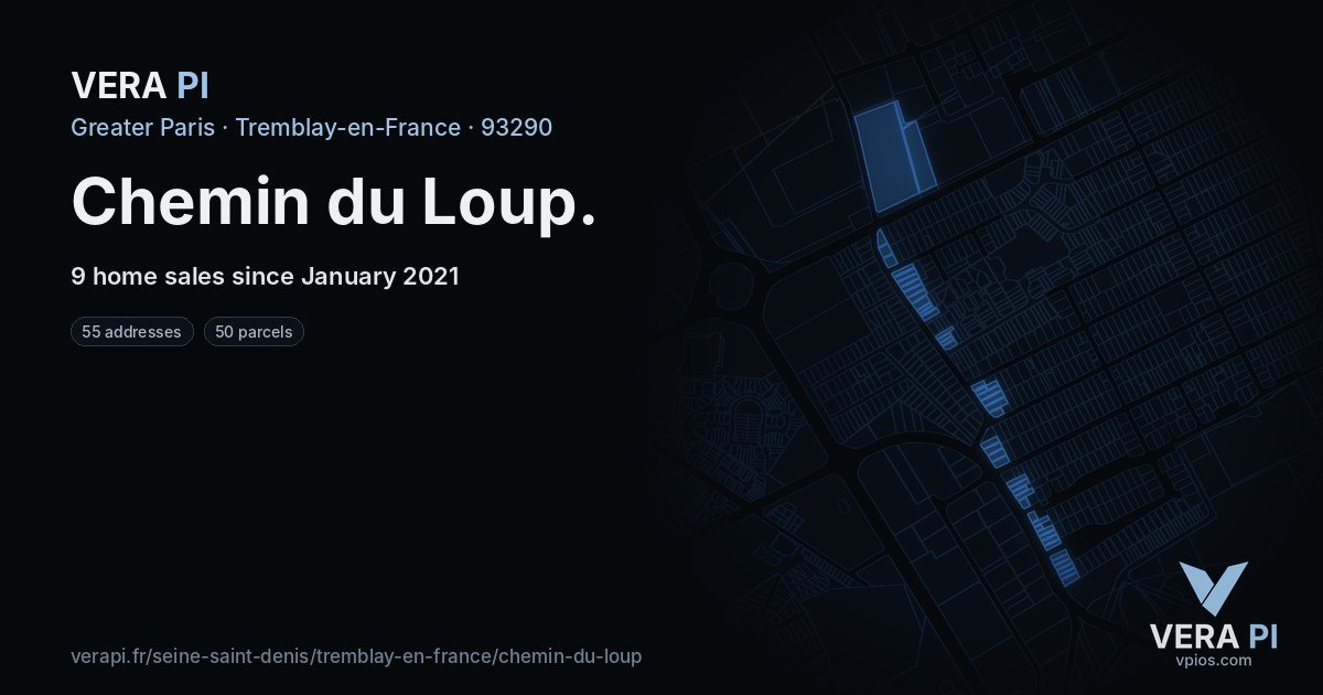 Chemin du Loup, Tremblay-en-France at night – every parcel coloured by the prices around it, the street's own parcels lit