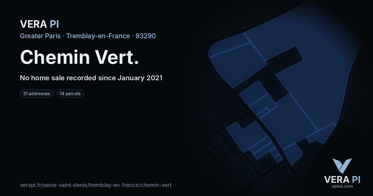 Chemin Vert, Tremblay-en-France at night – every parcel coloured by the prices around it, the street's own parcels lit