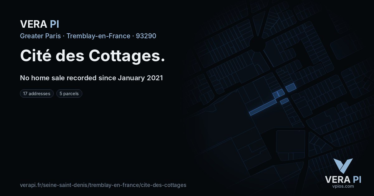 Cité des Cottages, Tremblay-en-France at night – every parcel coloured by the prices around it, the street's own parcels lit
