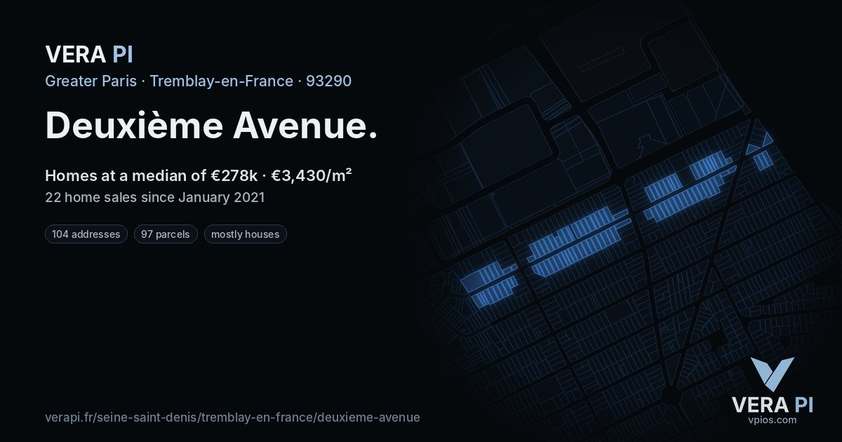 Deuxième Avenue, Tremblay-en-France at night – every parcel coloured by the prices around it, the street's own parcels lit