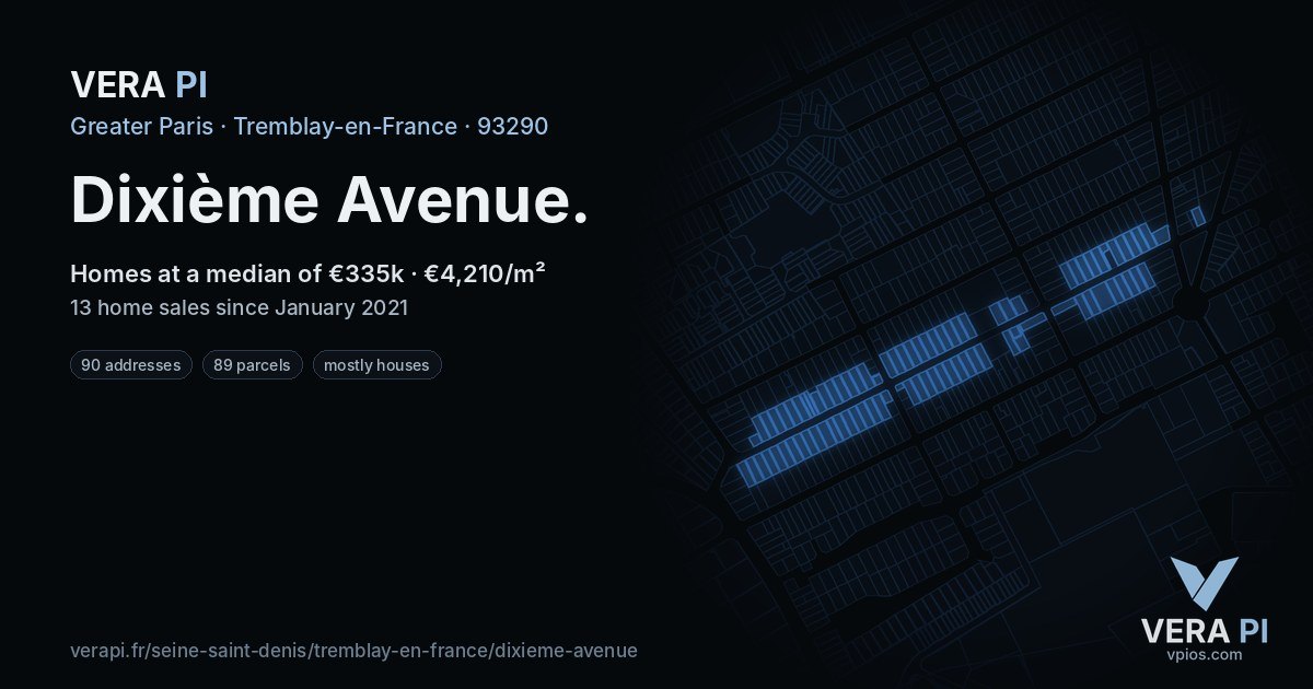 Dixième Avenue, Tremblay-en-France at night – every parcel coloured by the prices around it, the street's own parcels lit