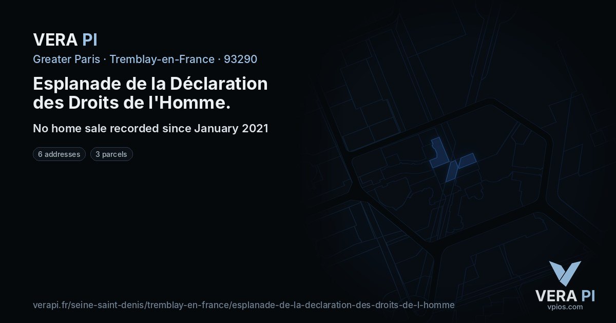 Esplanade de la Déclaration des Droits de l'Homme, Tremblay-en-France at night – every parcel coloured by the prices around it, the street's own parcels lit