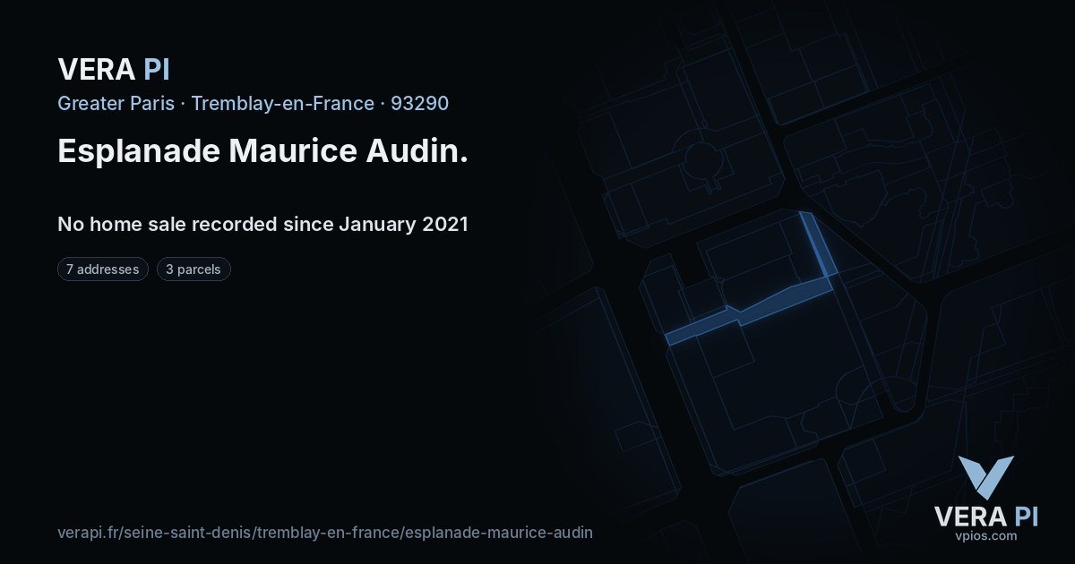 Esplanade Maurice Audin, Tremblay-en-France at night – every parcel coloured by the prices around it, the street's own parcels lit