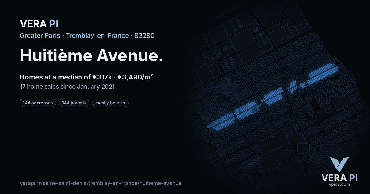 Huitième Avenue, Tremblay-en-France at night – every parcel coloured by the prices around it, the street's own parcels lit