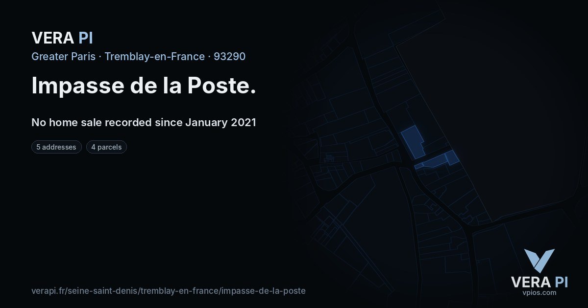 Impasse de la Poste, Tremblay-en-France at night – every parcel coloured by the prices around it, the street's own parcels lit