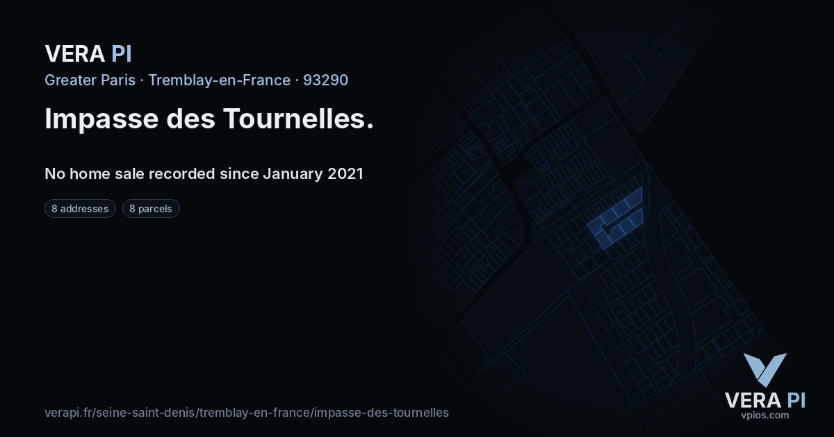 Impasse des Tournelles, Tremblay-en-France at night – every parcel coloured by the prices around it, the street's own parcels lit