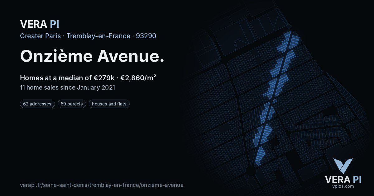 Onzième Avenue, Tremblay-en-France at night – every parcel coloured by the prices around it, the street's own parcels lit
