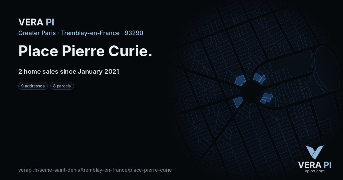 Place Pierre Curie, Tremblay-en-France at night – every parcel coloured by the prices around it, the street's own parcels lit