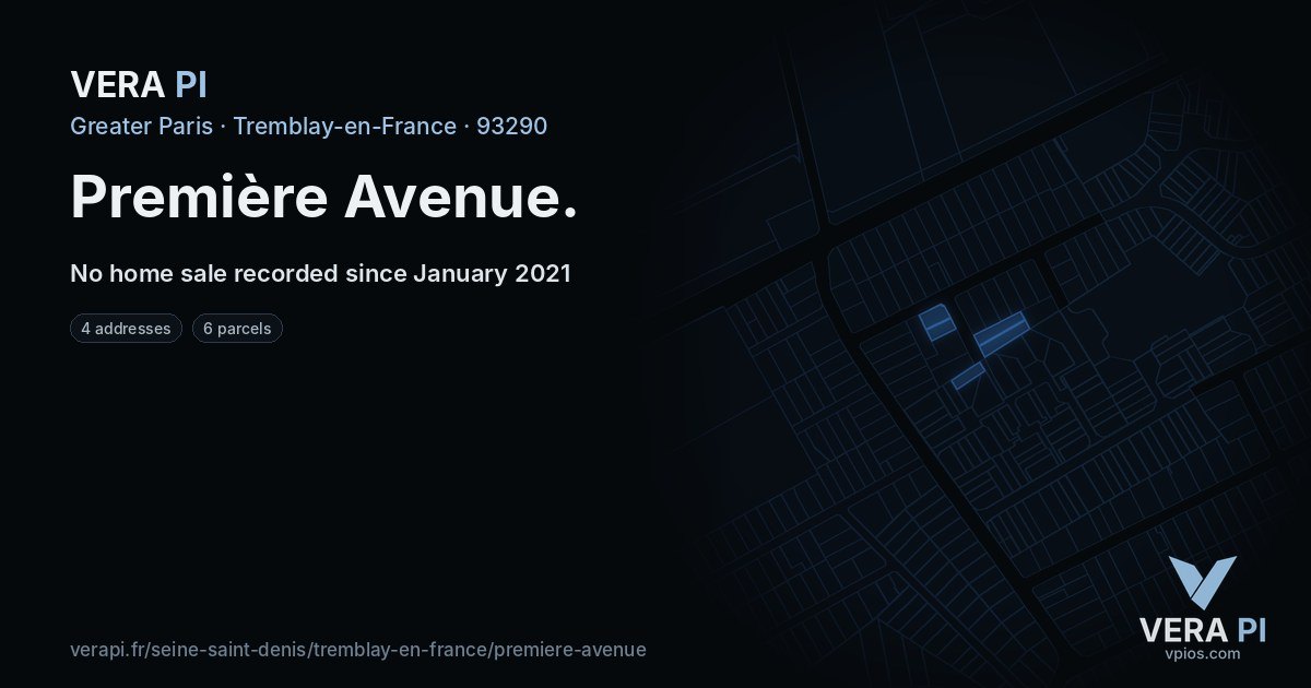 Première Avenue, Tremblay-en-France at night – every parcel coloured by the prices around it, the street's own parcels lit