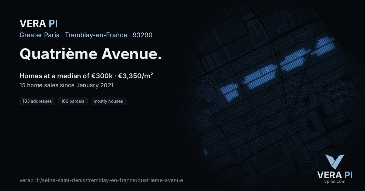 Quatrième Avenue, Tremblay-en-France at night – every parcel coloured by the prices around it, the street's own parcels lit
