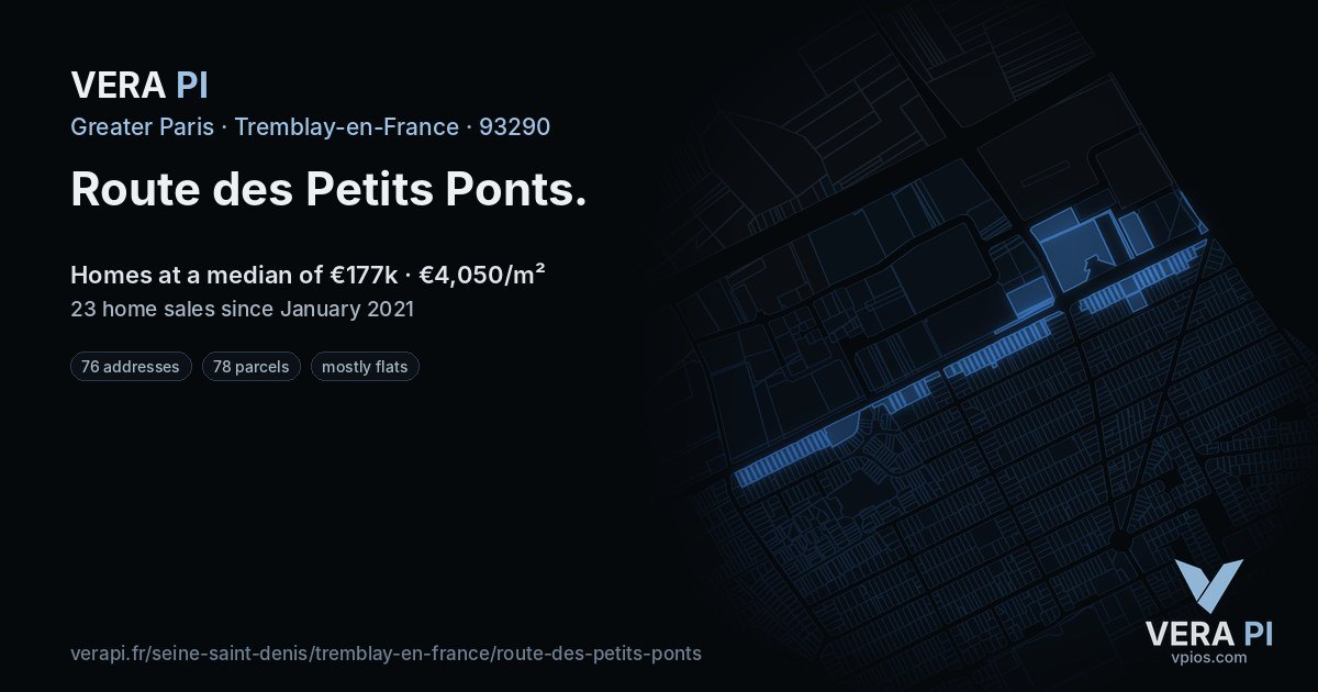 Route des Petits Ponts, Tremblay-en-France at night – every parcel coloured by the prices around it, the street's own parcels lit