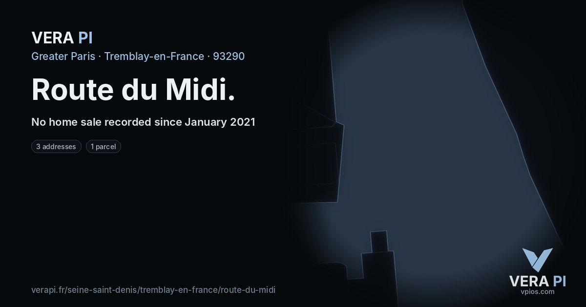 Route du Midi, Tremblay-en-France at night – every parcel coloured by the prices around it, the street's own parcels lit