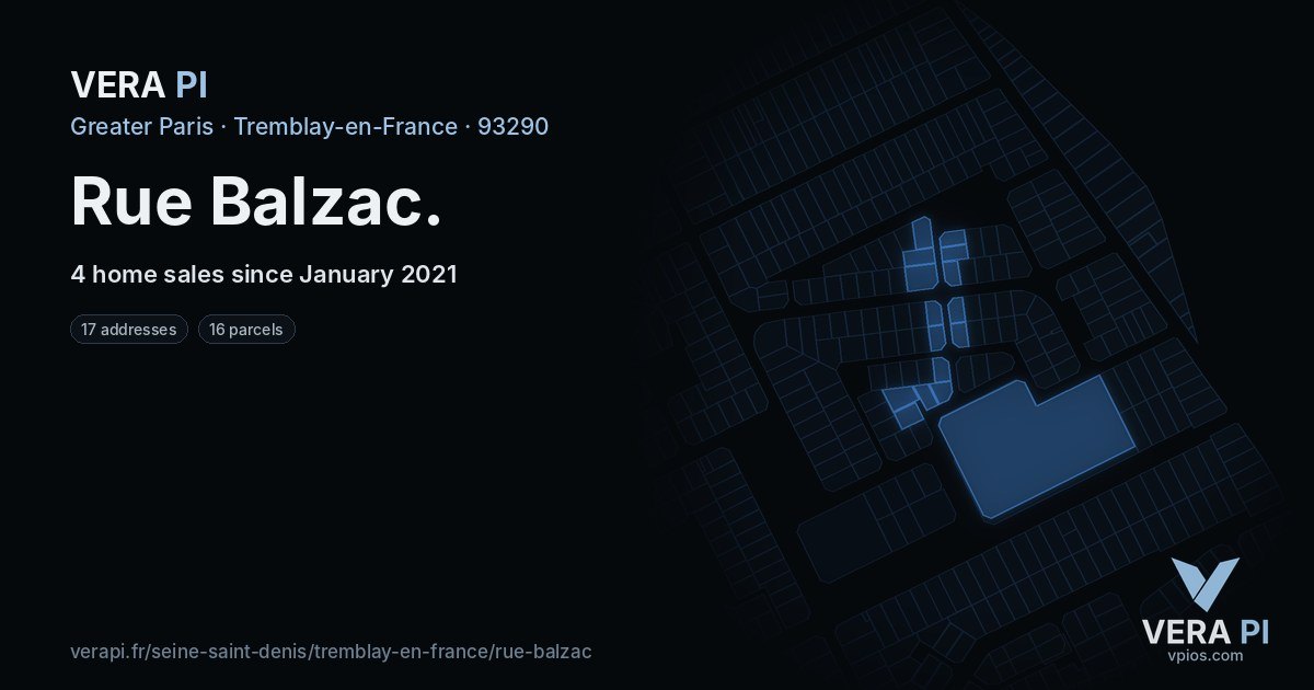Rue Balzac, Tremblay-en-France at night – every parcel coloured by the prices around it, the street's own parcels lit