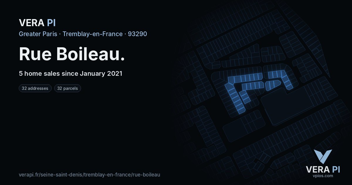 Rue Boileau, Tremblay-en-France at night – every parcel coloured by the prices around it, the street's own parcels lit