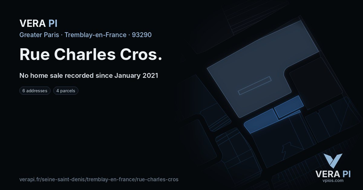 Rue Charles Cros, Tremblay-en-France at night – every parcel coloured by the prices around it, the street's own parcels lit