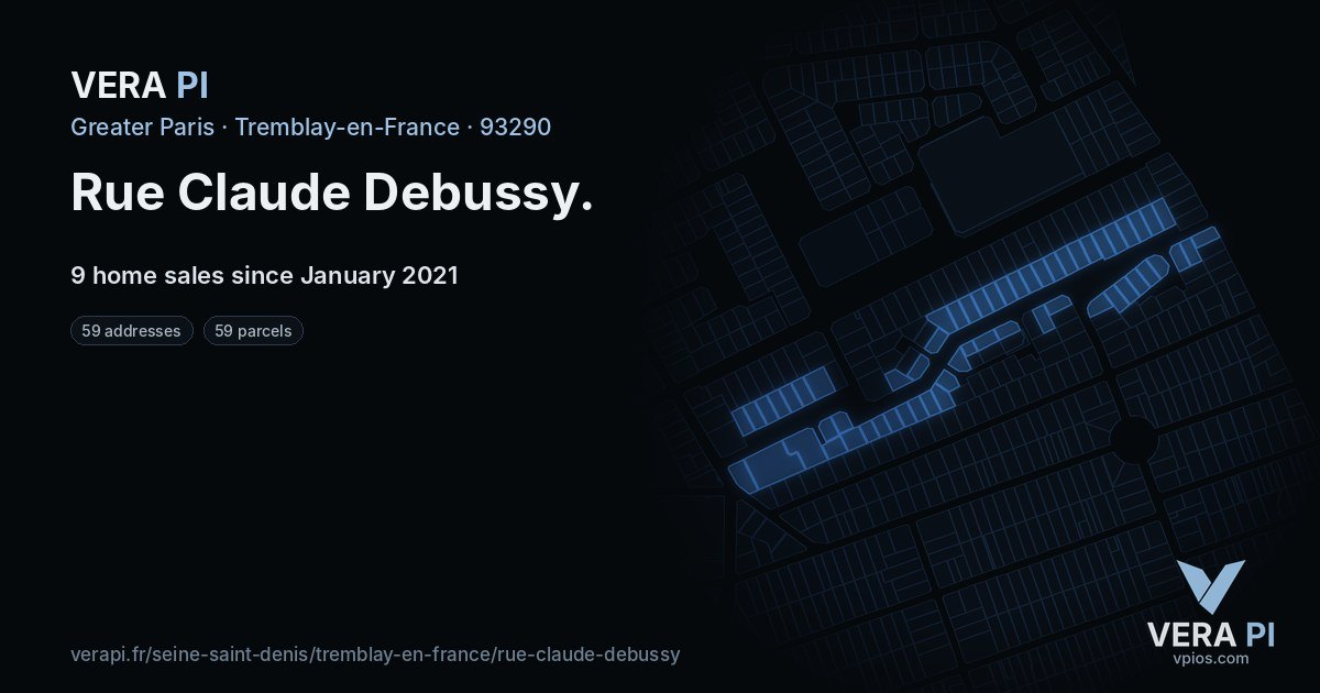 Rue Claude Debussy, Tremblay-en-France at night – every parcel coloured by the prices around it, the street's own parcels lit