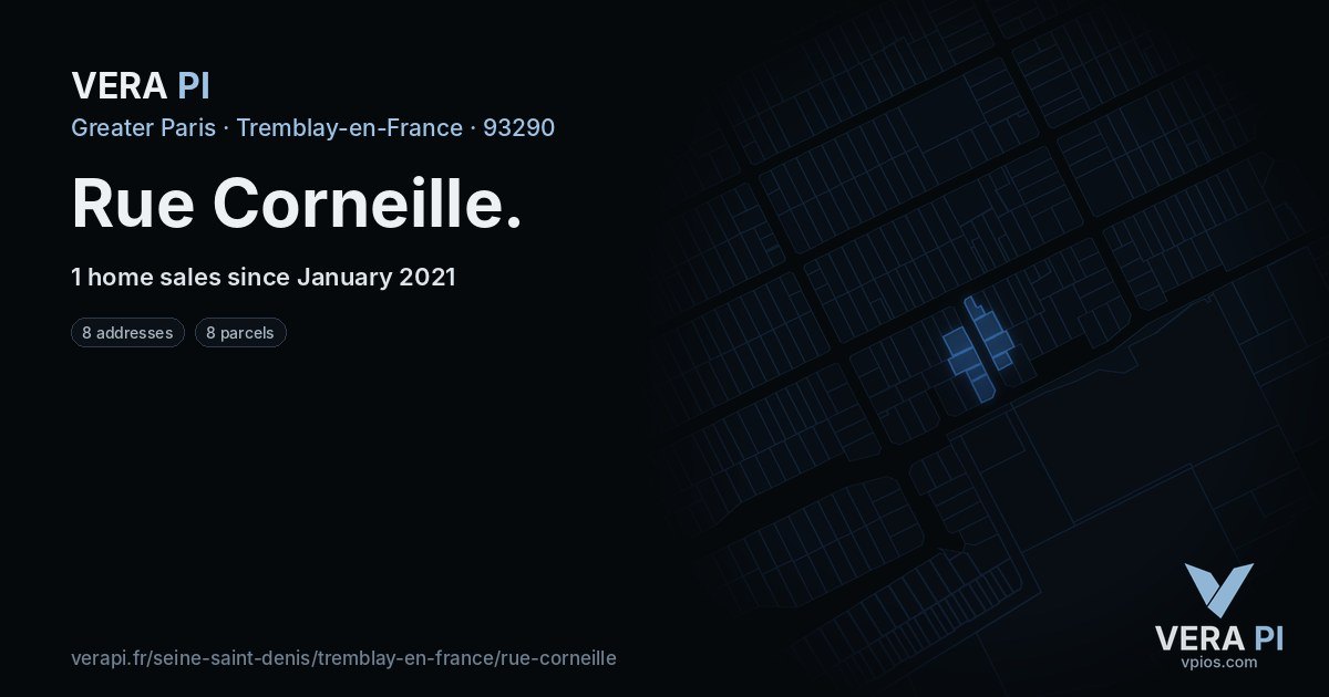 Rue Corneille, Tremblay-en-France at night – every parcel coloured by the prices around it, the street's own parcels lit