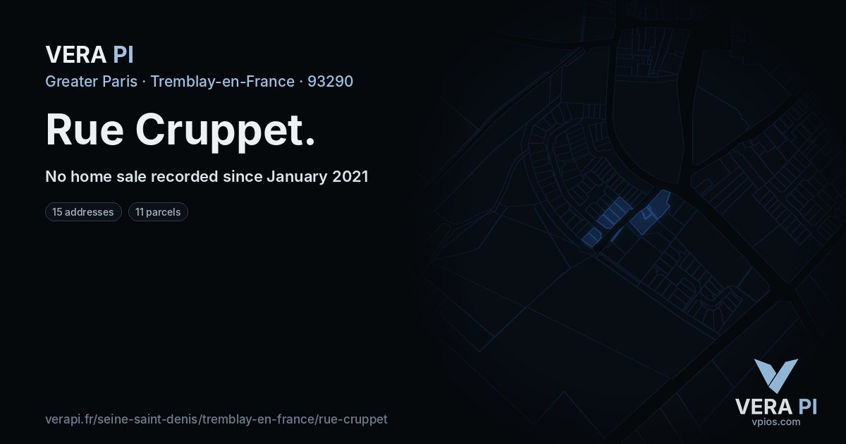 Rue Cruppet, Tremblay-en-France at night – every parcel coloured by the prices around it, the street's own parcels lit