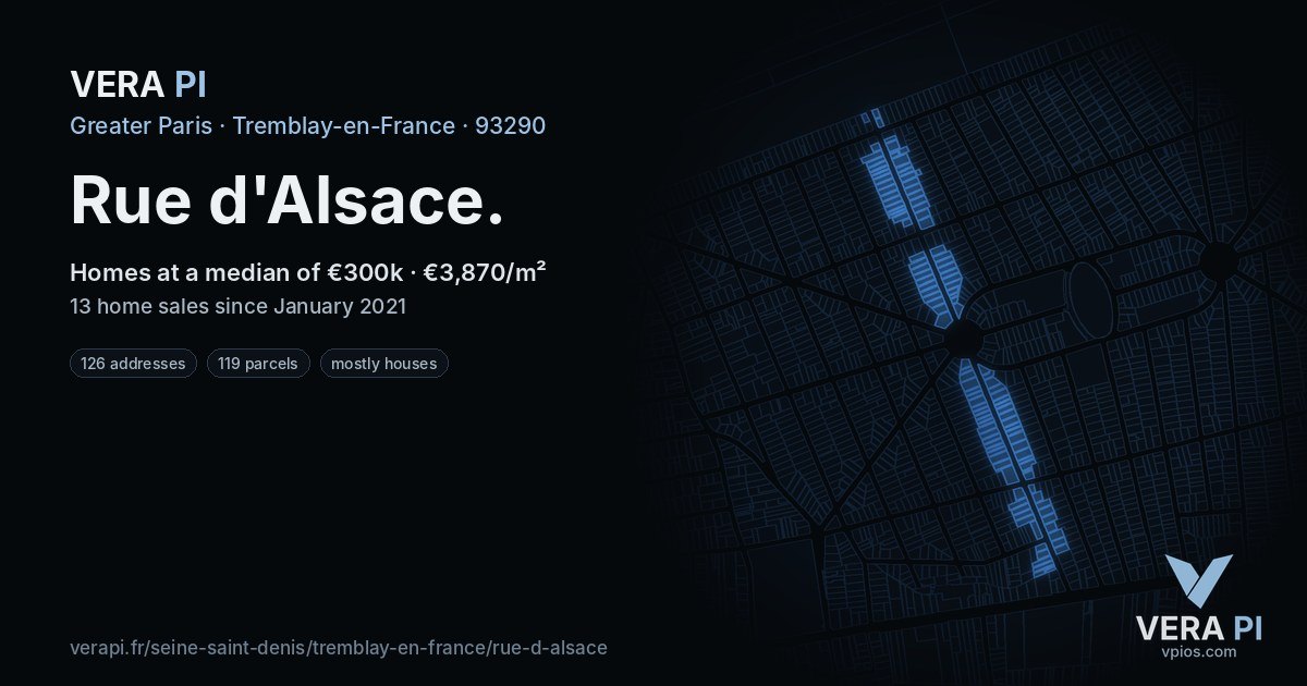 Rue d'Alsace, Tremblay-en-France at night – every parcel coloured by the prices around it, the street's own parcels lit