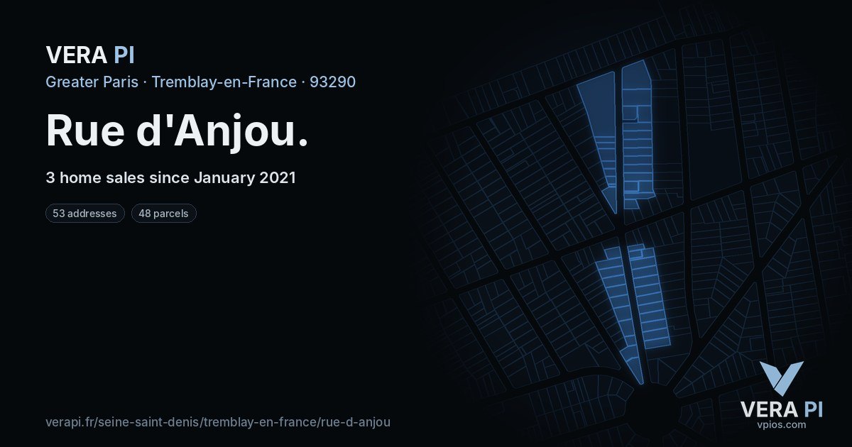 Rue d'Anjou, Tremblay-en-France at night – every parcel coloured by the prices around it, the street's own parcels lit