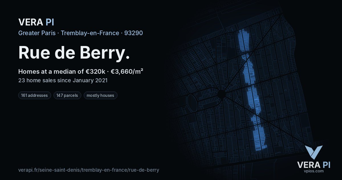 Rue de Berry, Tremblay-en-France at night – every parcel coloured by the prices around it, the street's own parcels lit