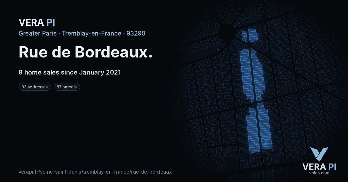 Rue de Bordeaux, Tremblay-en-France at night – every parcel coloured by the prices around it, the street's own parcels lit