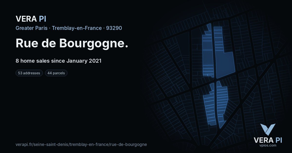 Rue de Bourgogne, Tremblay-en-France at night – every parcel coloured by the prices around it, the street's own parcels lit