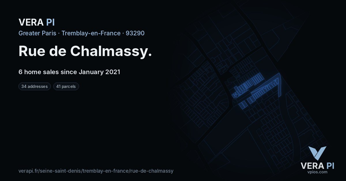 Rue de Chalmassy, Tremblay-en-France at night – every parcel coloured by the prices around it, the street's own parcels lit