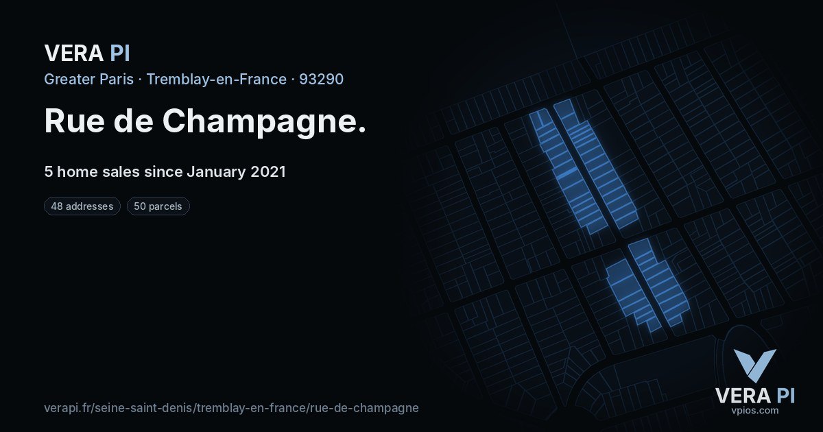 Rue de Champagne, Tremblay-en-France at night – every parcel coloured by the prices around it, the street's own parcels lit