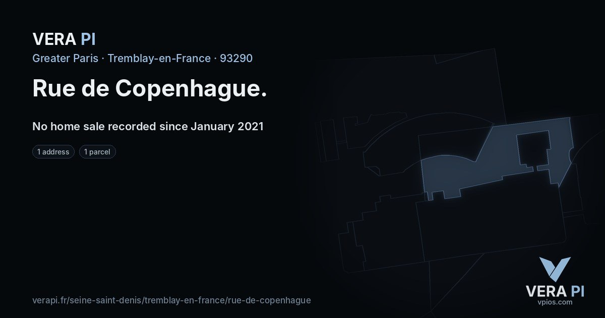 Rue de Copenhague, Tremblay-en-France at night – every parcel coloured by the prices around it, the street's own parcels lit