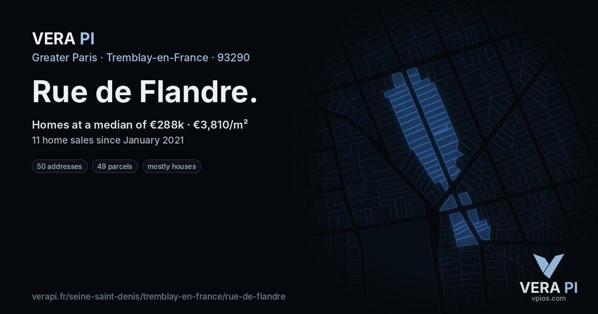 Rue de Flandre, Tremblay-en-France at night – every parcel coloured by the prices around it, the street's own parcels lit