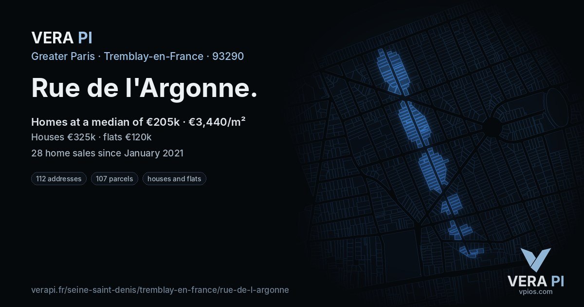 Rue de l'Argonne, Tremblay-en-France at night – every parcel coloured by the prices around it, the street's own parcels lit