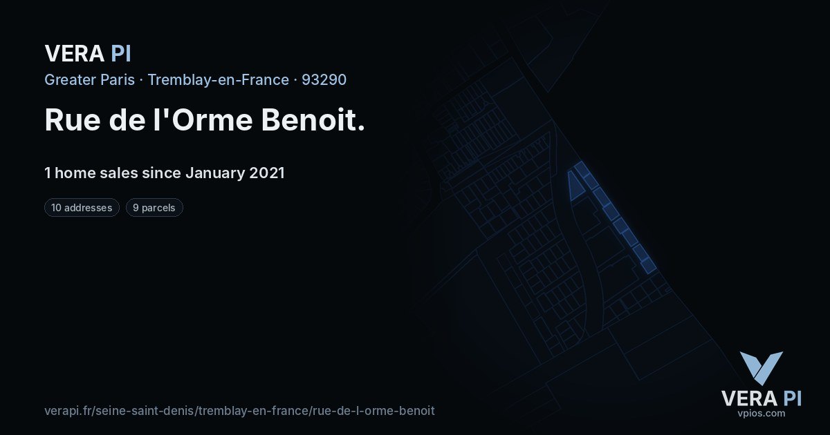 Rue de l'Orme Benoit, Tremblay-en-France at night – every parcel coloured by the prices around it, the street's own parcels lit