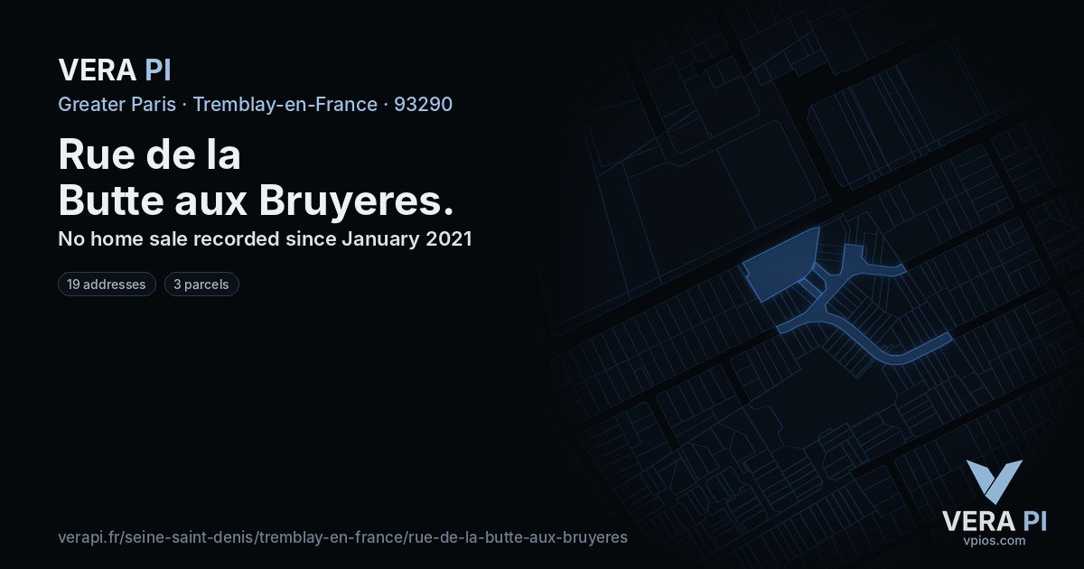 Rue de la Butte aux Bruyeres, Tremblay-en-France at night – every parcel coloured by the prices around it, the street's own parcels lit