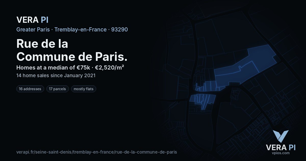 Rue de la Commune de Paris, Tremblay-en-France at night – every parcel coloured by the prices around it, the street's own parcels lit