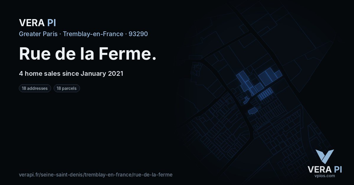 Rue de la Ferme, Tremblay-en-France at night – every parcel coloured by the prices around it, the street's own parcels lit