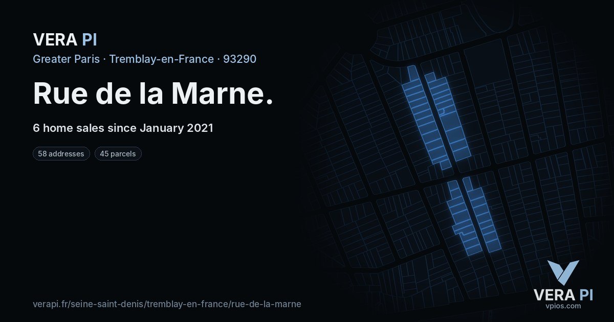 Rue de la Marne, Tremblay-en-France at night – every parcel coloured by the prices around it, the street's own parcels lit