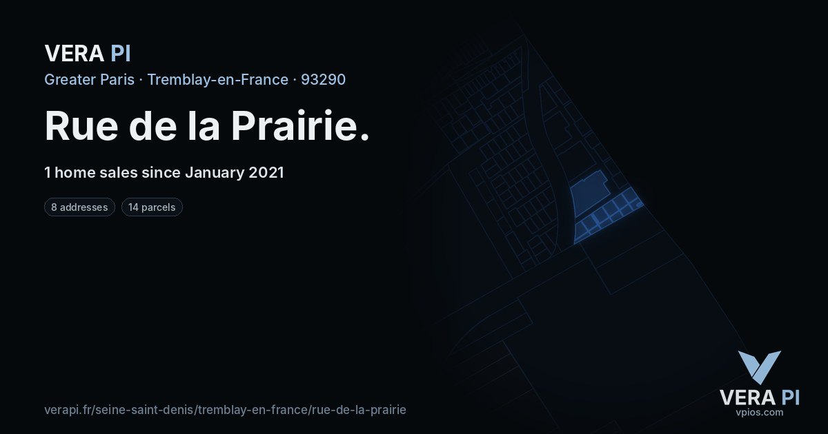 Rue de la Prairie, Tremblay-en-France at night – every parcel coloured by the prices around it, the street's own parcels lit