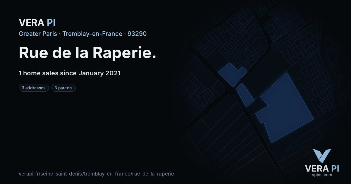 Rue de la Raperie, Tremblay-en-France at night – every parcel coloured by the prices around it, the street's own parcels lit