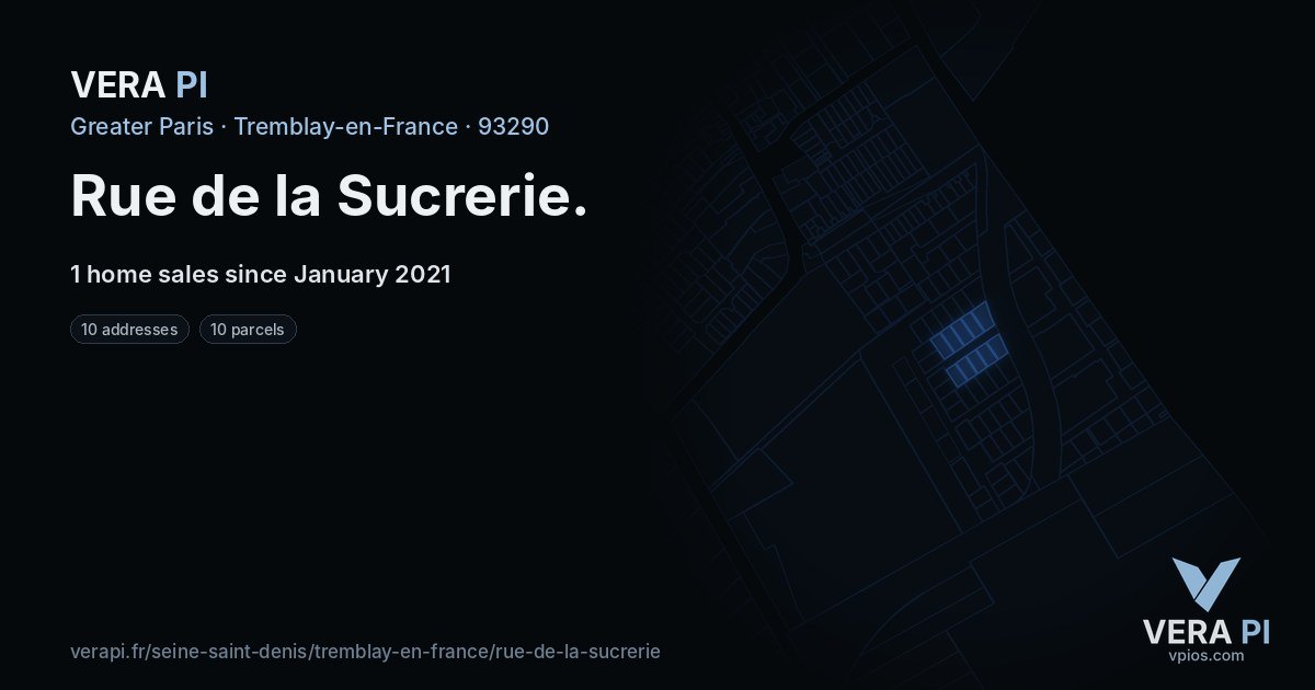 Rue de la Sucrerie, Tremblay-en-France at night – every parcel coloured by the prices around it, the street's own parcels lit