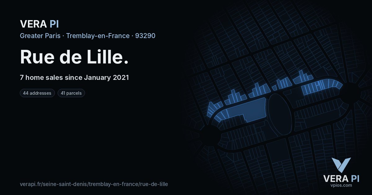Rue de Lille, Tremblay-en-France at night – every parcel coloured by the prices around it, the street's own parcels lit