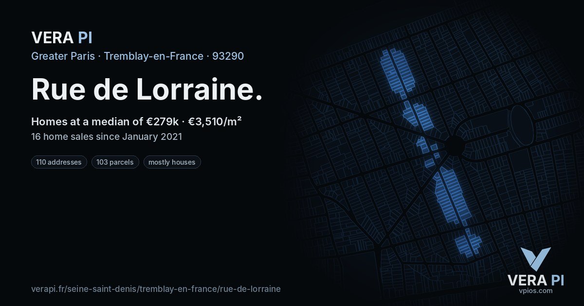 Rue de Lorraine, Tremblay-en-France at night – every parcel coloured by the prices around it, the street's own parcels lit