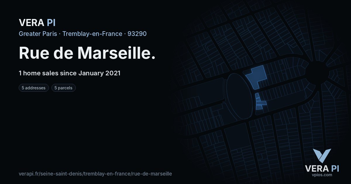 Rue de Marseille, Tremblay-en-France at night – every parcel coloured by the prices around it, the street's own parcels lit