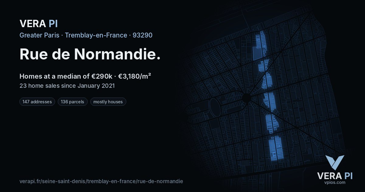 Rue de Normandie, Tremblay-en-France at night – every parcel coloured by the prices around it, the street's own parcels lit